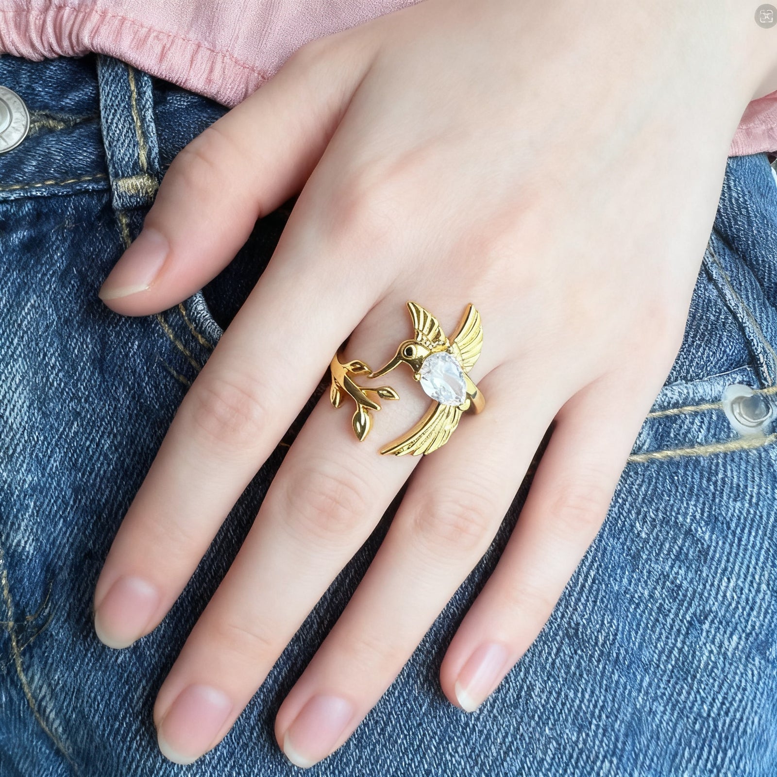 Hummingbird Leaf  Birthstone  Ring