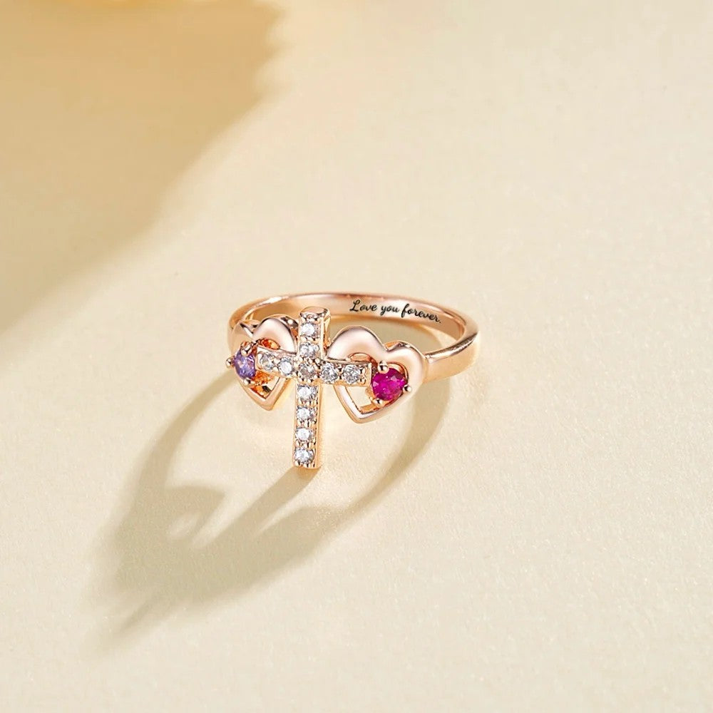 Personalized Double Birthstone Hearts Cross Ring