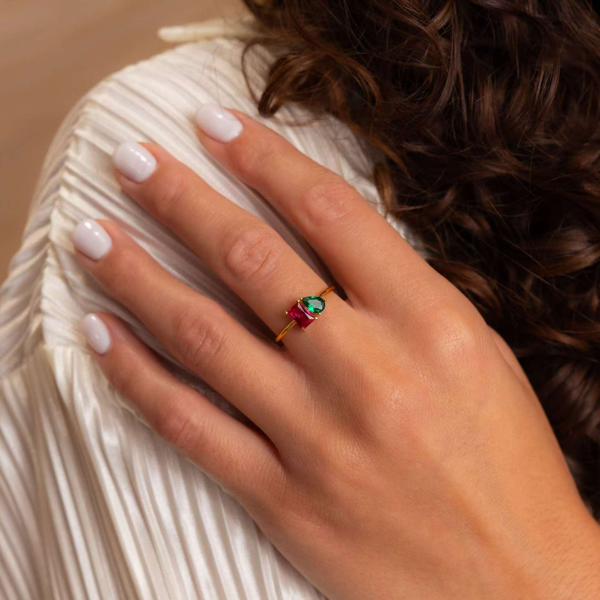 Personalized Dainty Square Teardrop Double Birthstone Ring