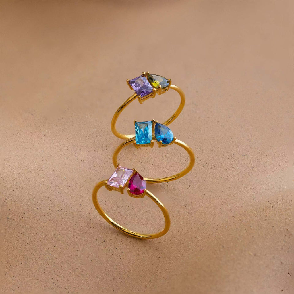 Personalized Dainty Square Teardrop Double Birthstone Ring