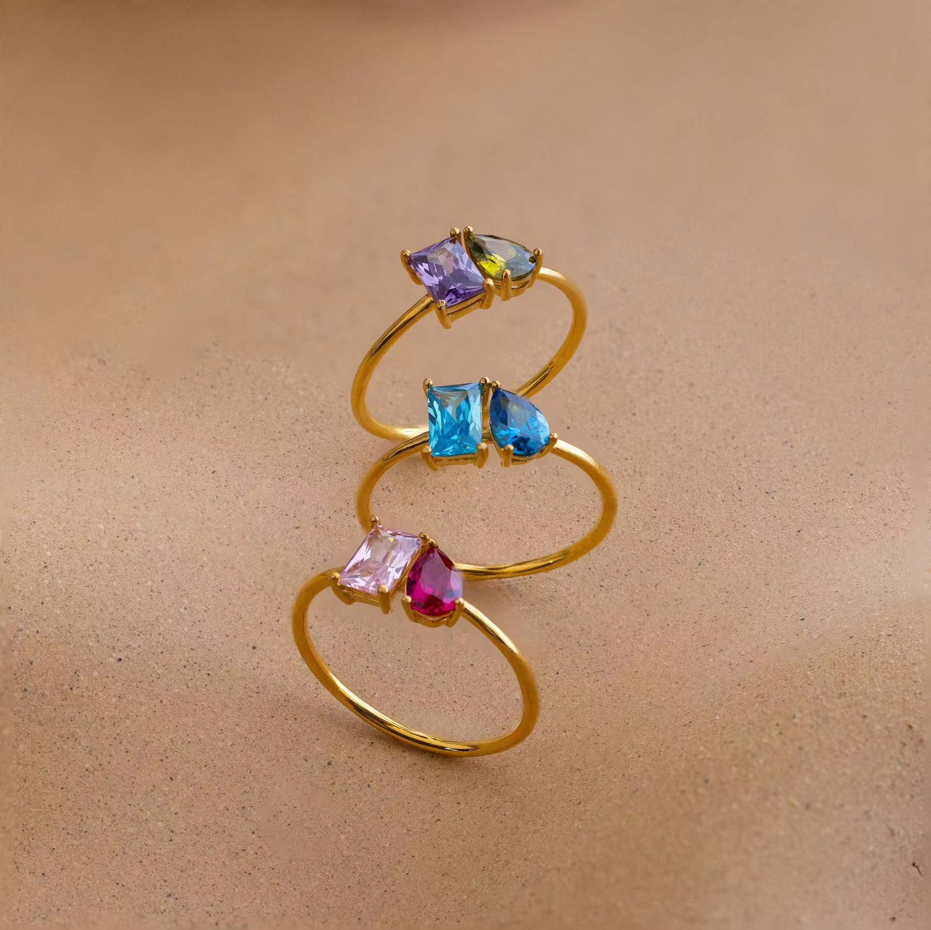 Personalized Dainty Square Teardrop Double Birthstone Ring