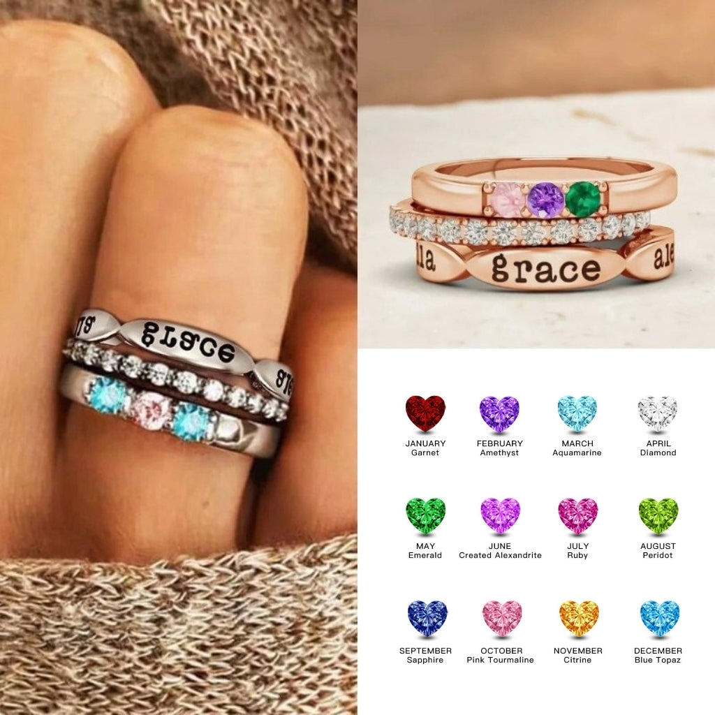Birthstone Ring with Engraved Names