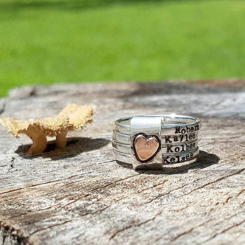 Personalized Heart  Stacking Rings with Engraved Names