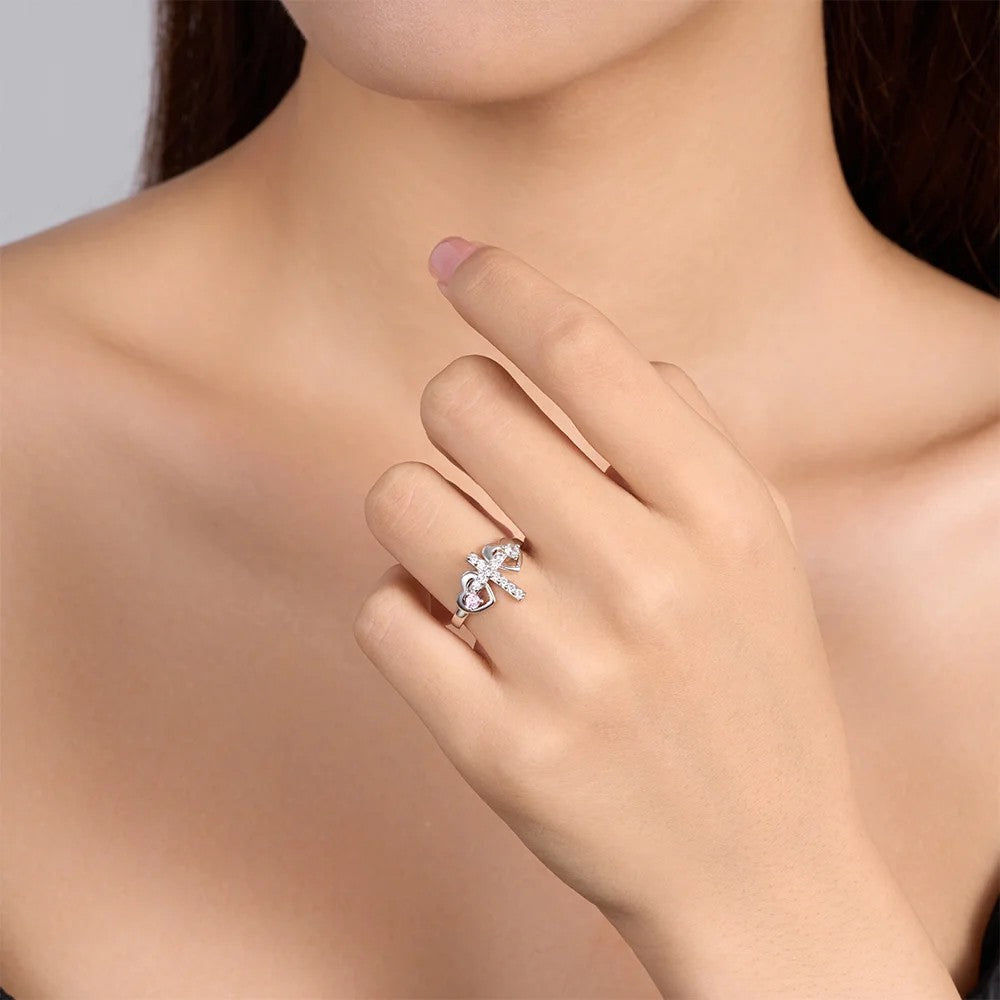 Personalized Double Birthstone Hearts Cross Ring