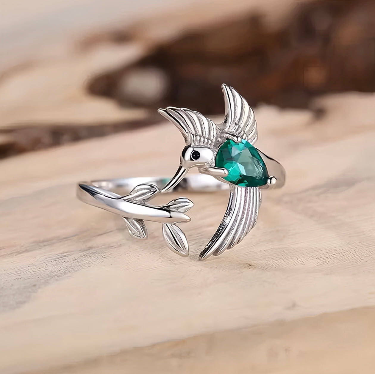 Hummingbird Leaf  Birthstone  Ring