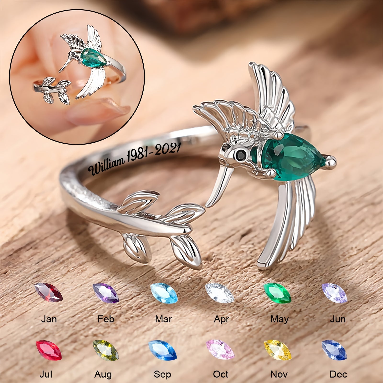 Hummingbird Leaf  Birthstone  Ring