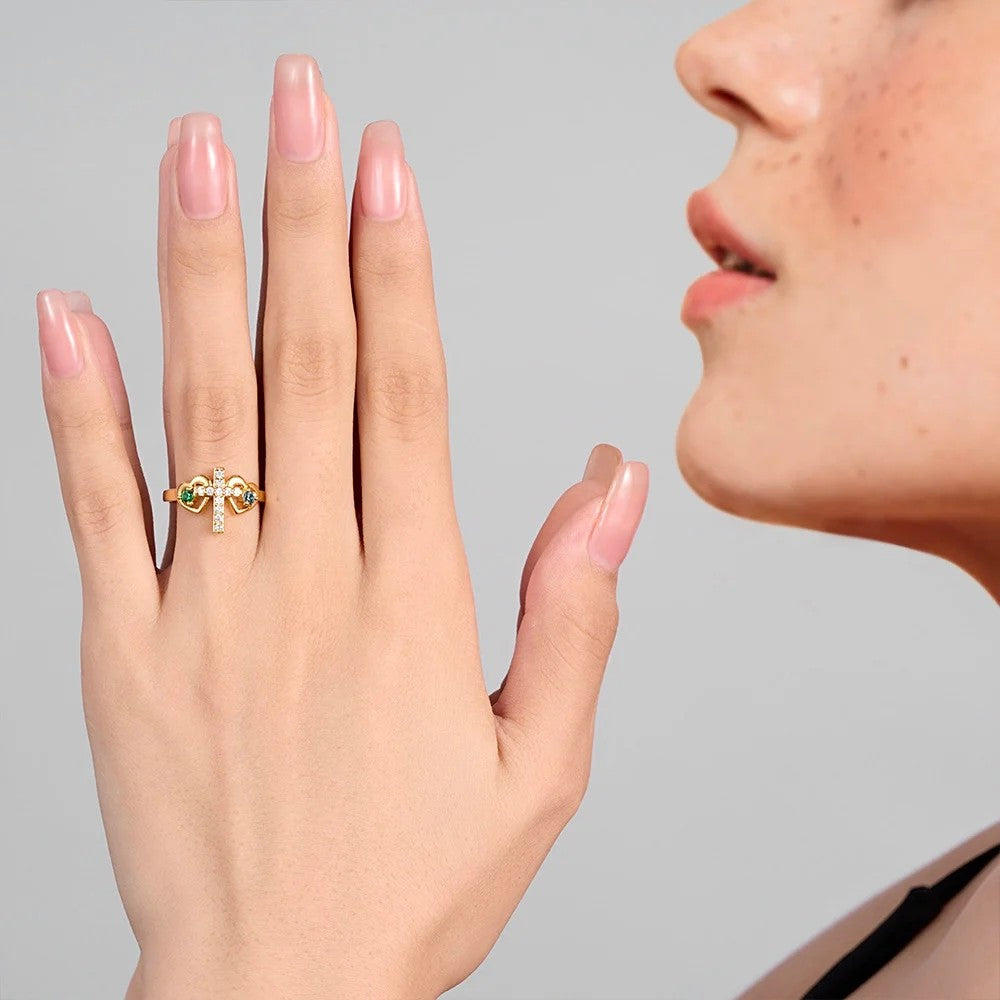 Personalized Double Birthstone Hearts Cross Ring