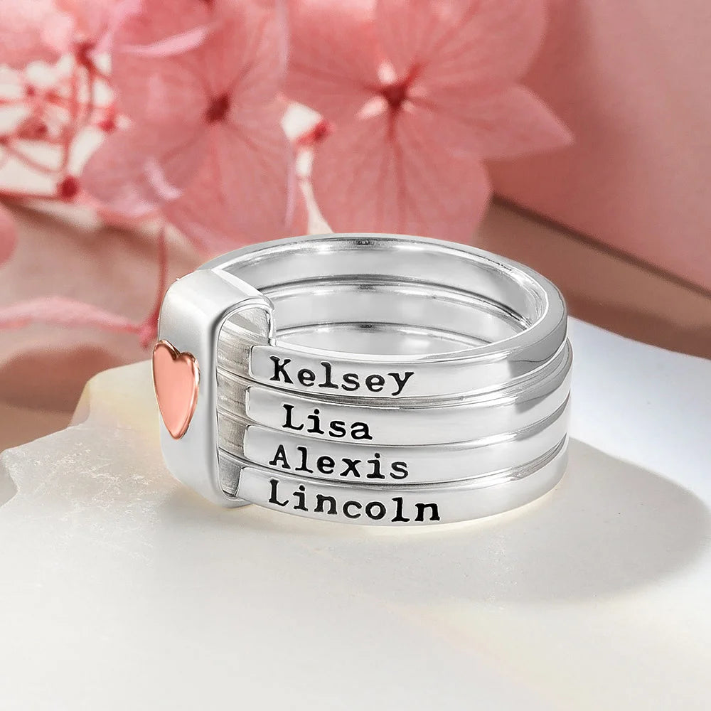 Personalized Heart  Stacking Rings with Engraved Names