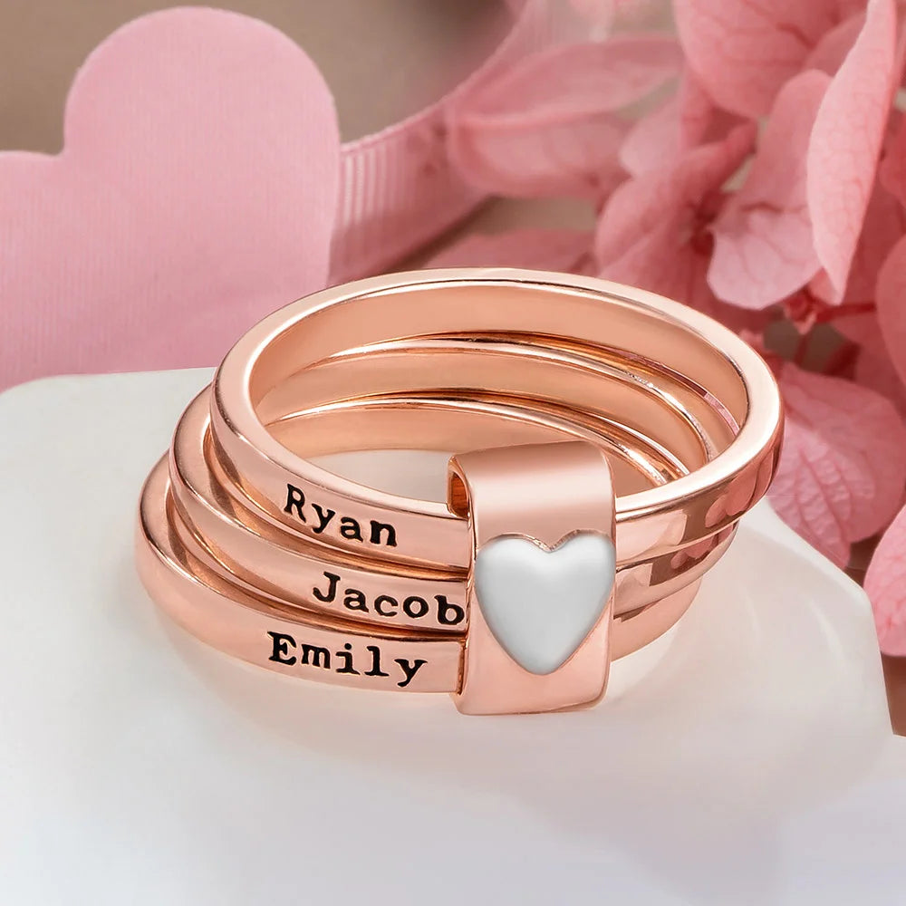 Personalized Heart  Stacking Rings with Engraved Names