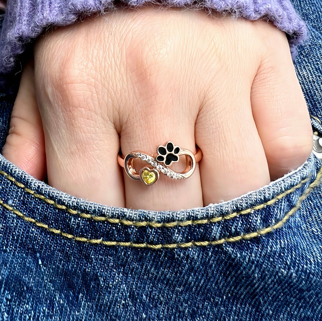 Pet Cat Paw , Heart-shaped Birthstone Ring