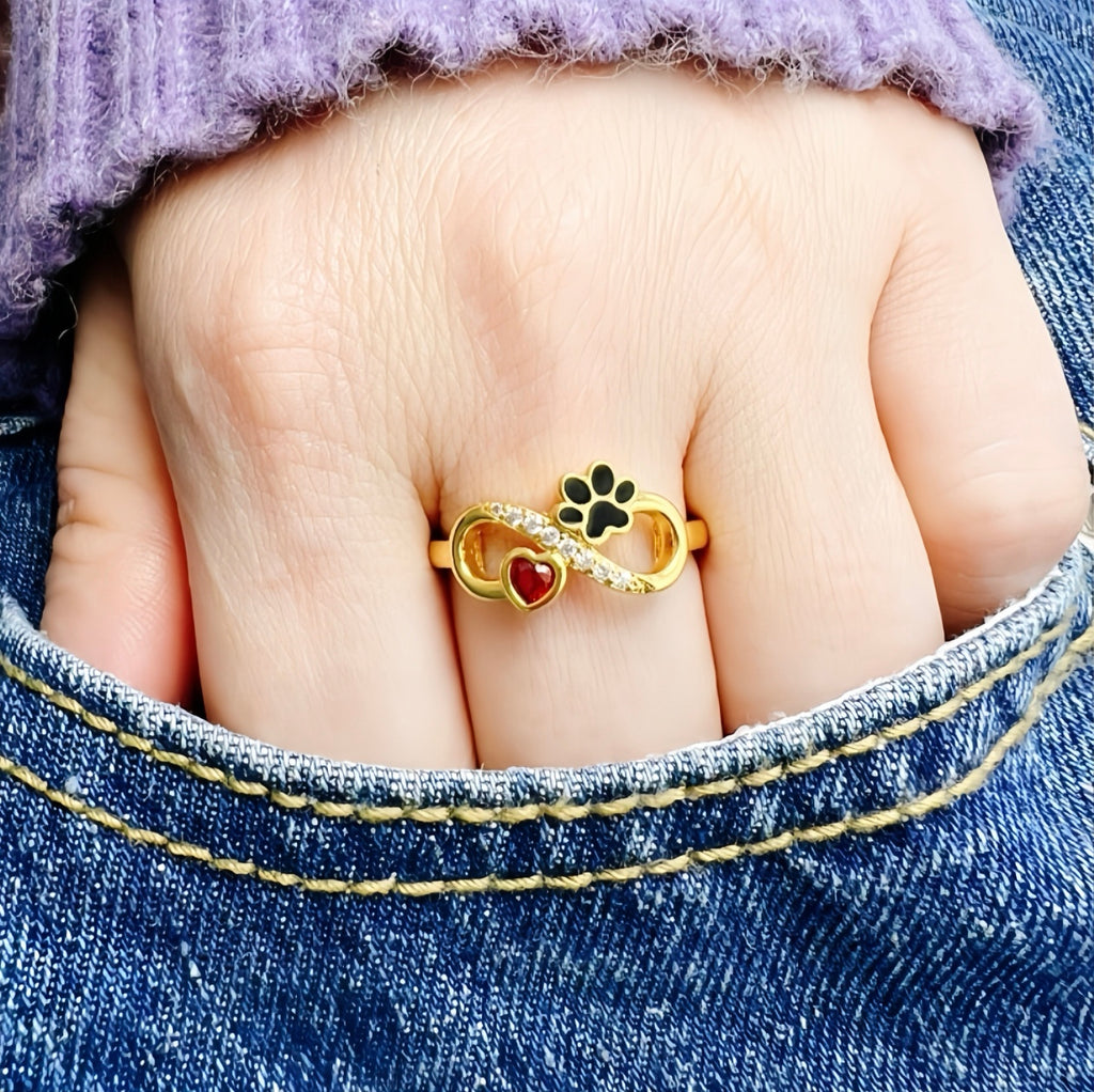 Pet Cat Paw , Heart-shaped Birthstone Ring