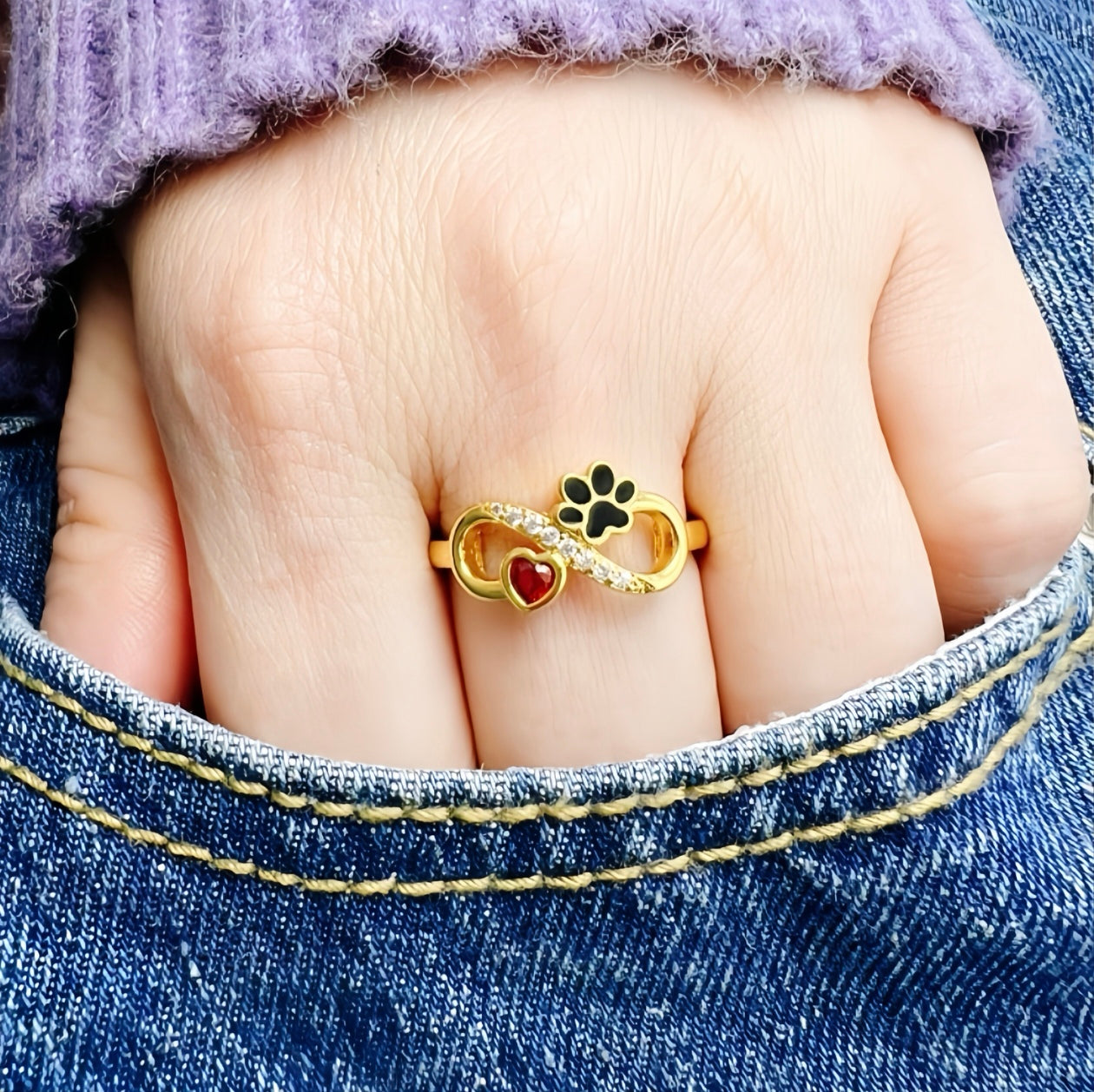 Pet Cat Paw , Heart-shaped Birthstone Ring