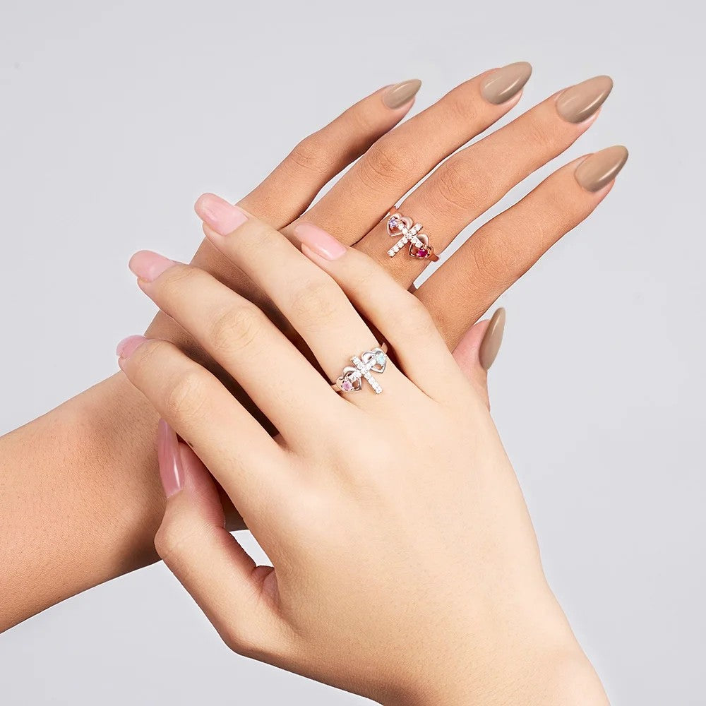 Personalized Double Birthstone Hearts Cross Ring