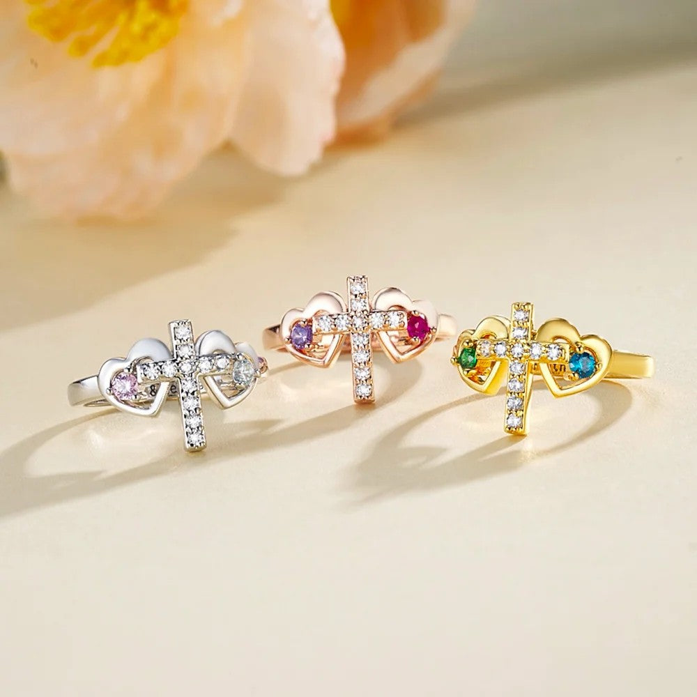 Personalized Double Birthstone Hearts Cross Ring