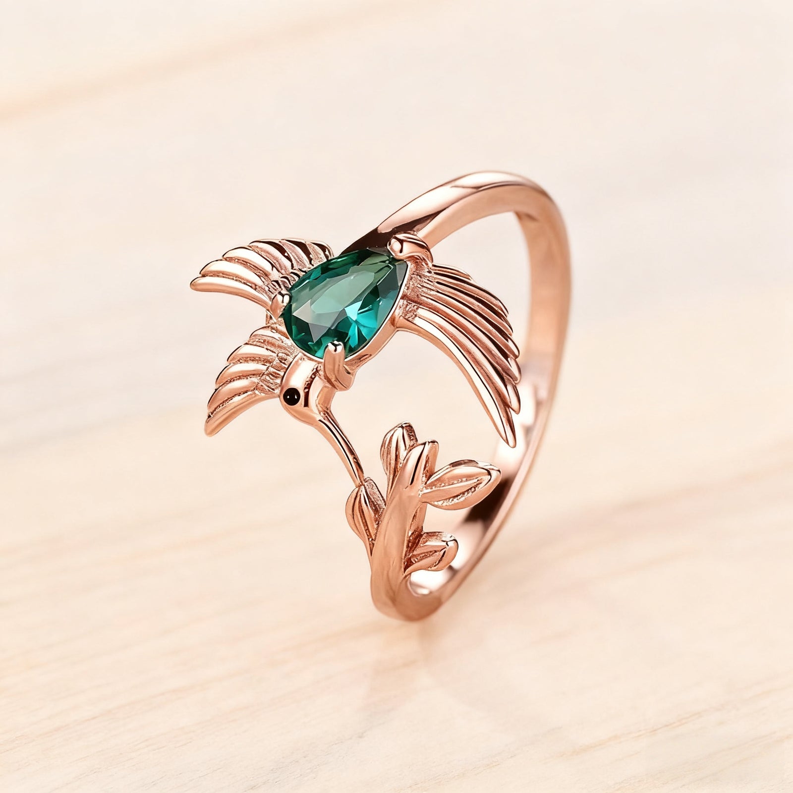 Hummingbird Leaf  Birthstone  Ring