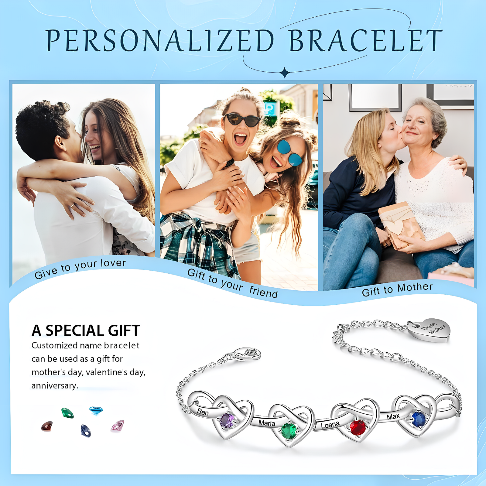 Engraved Birthstone Heart Bracelet