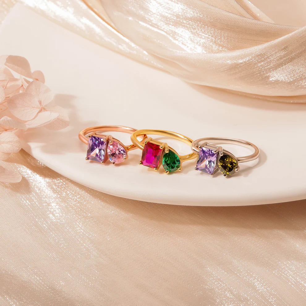 Personalized Dainty Square Teardrop Double Birthstone Ring