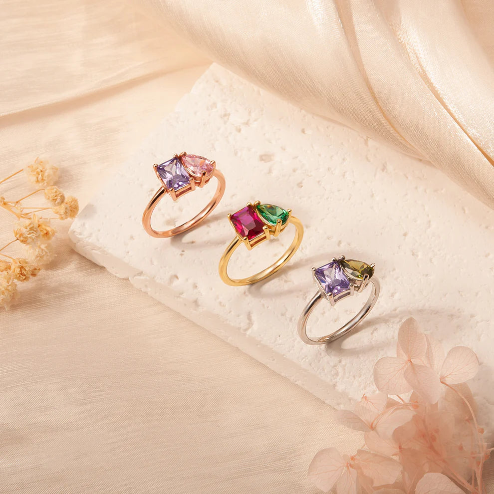 Personalized Dainty Square Teardrop Double Birthstone Ring