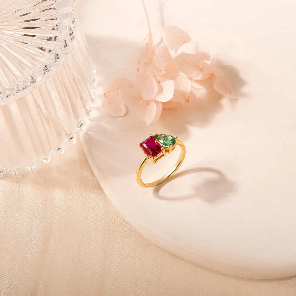 Personalized Dainty Square Teardrop Double Birthstone Ring
