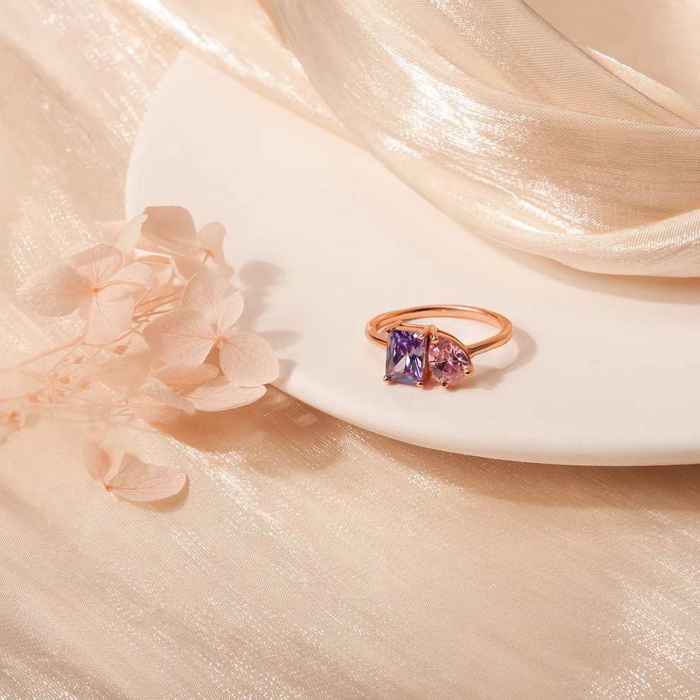 Personalized Dainty Square Teardrop Double Birthstone Ring