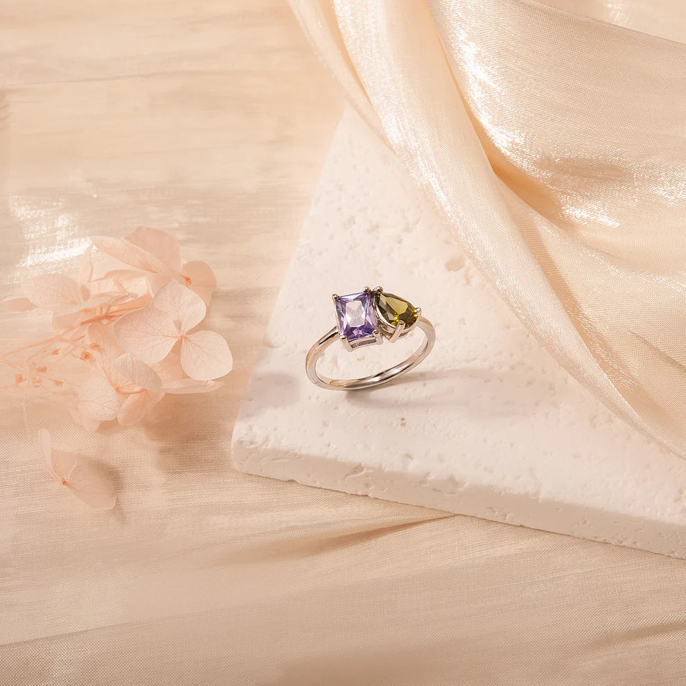 Personalized Dainty Square Teardrop Double Birthstone Ring