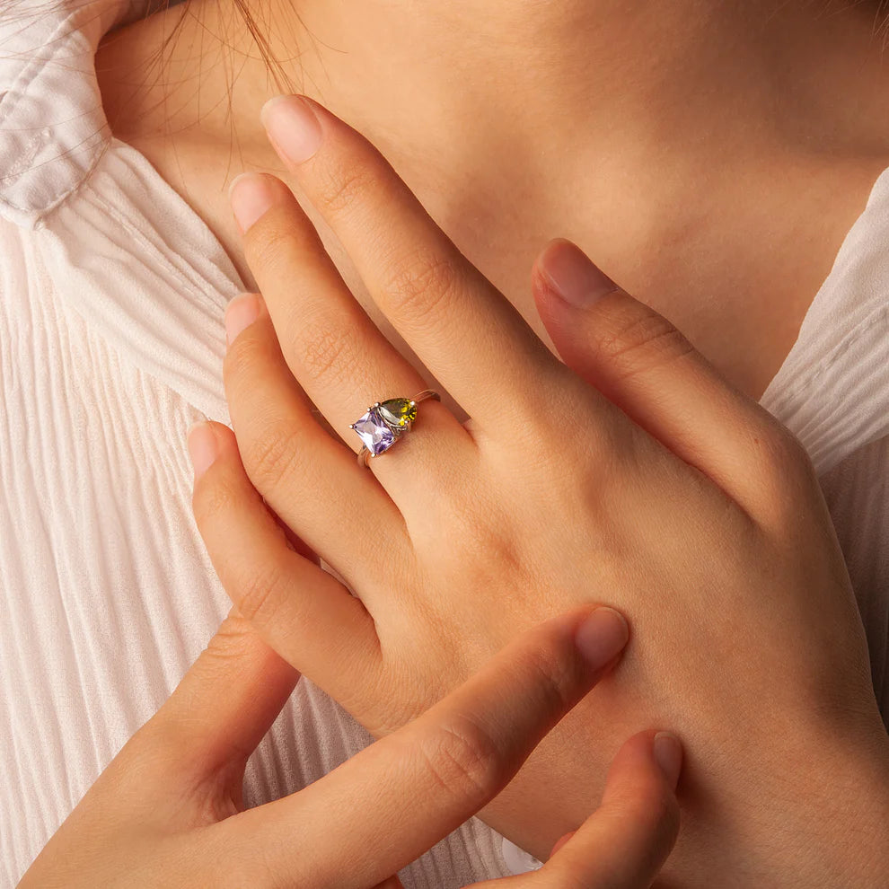 Personalized Dainty Square Teardrop Double Birthstone Ring