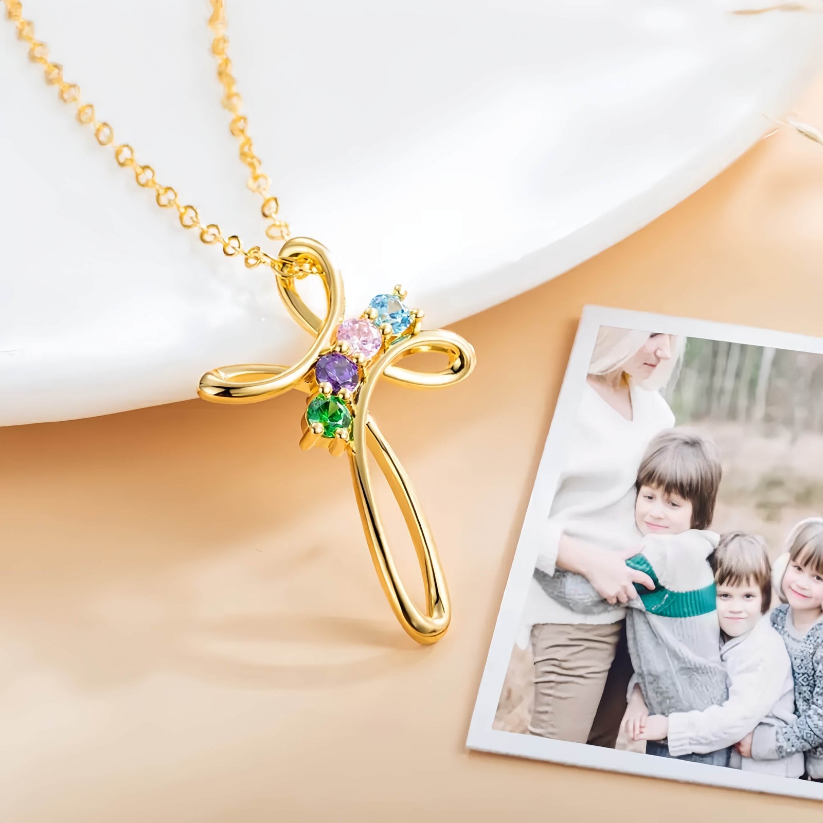 Family Birthstone Cross Necklace
