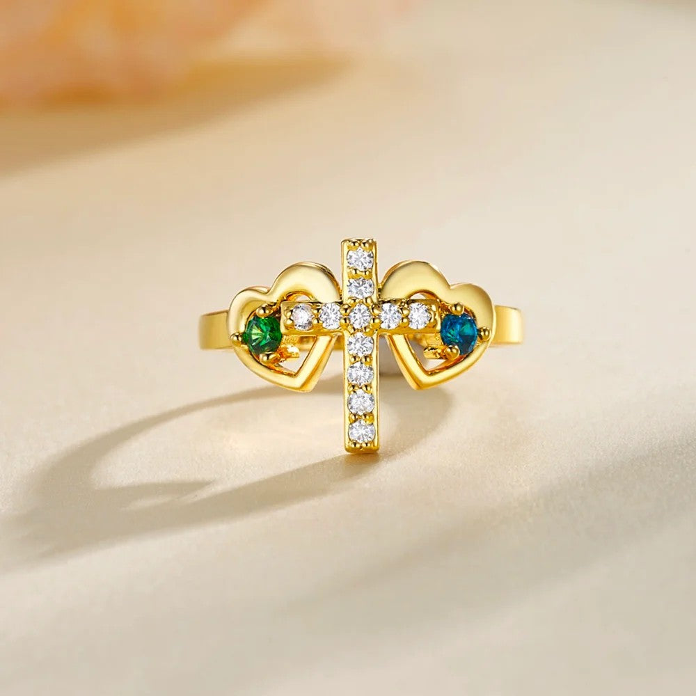 Personalized Double Birthstone Hearts Cross Ring