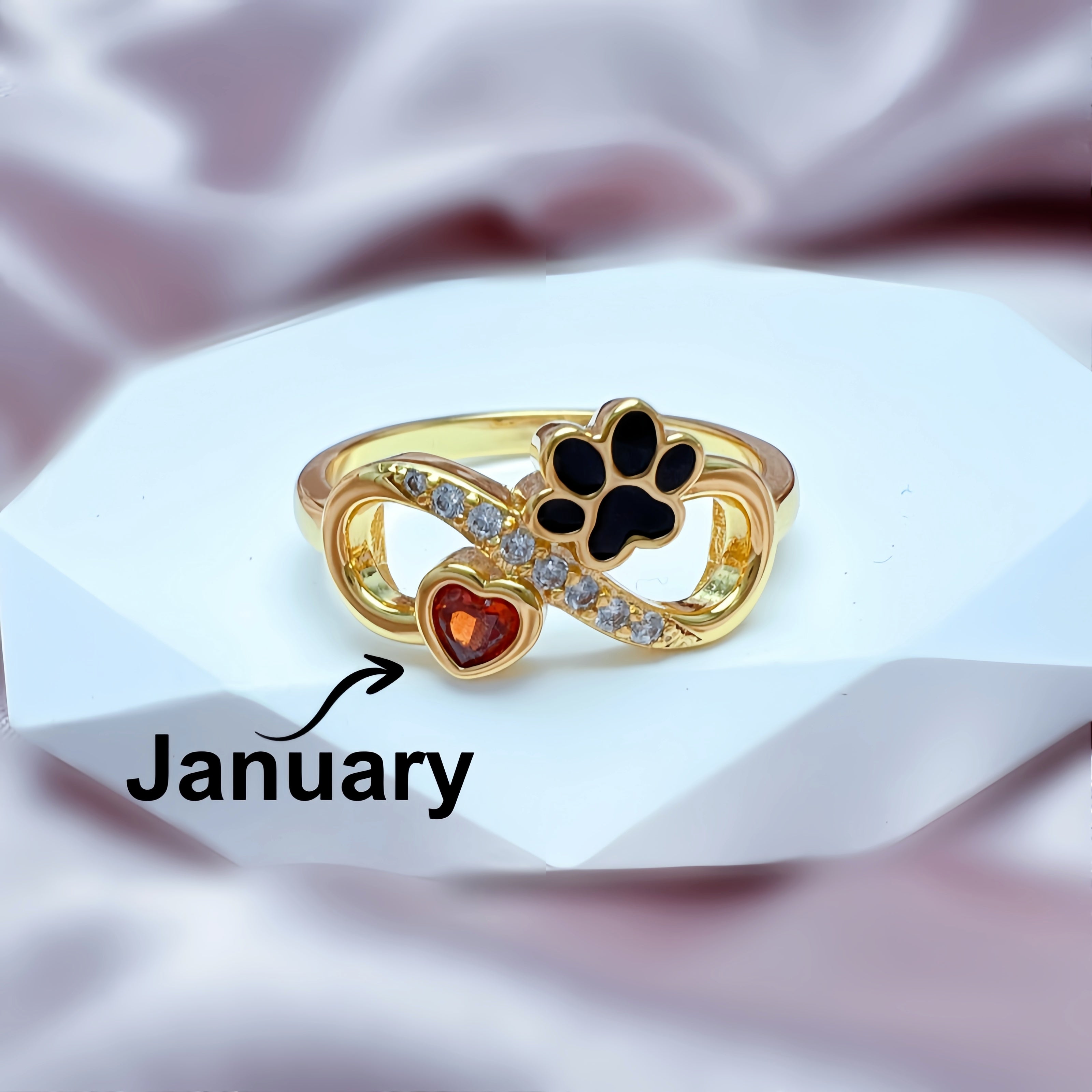 Pet Cat Paw , Heart-shaped Birthstone Ring