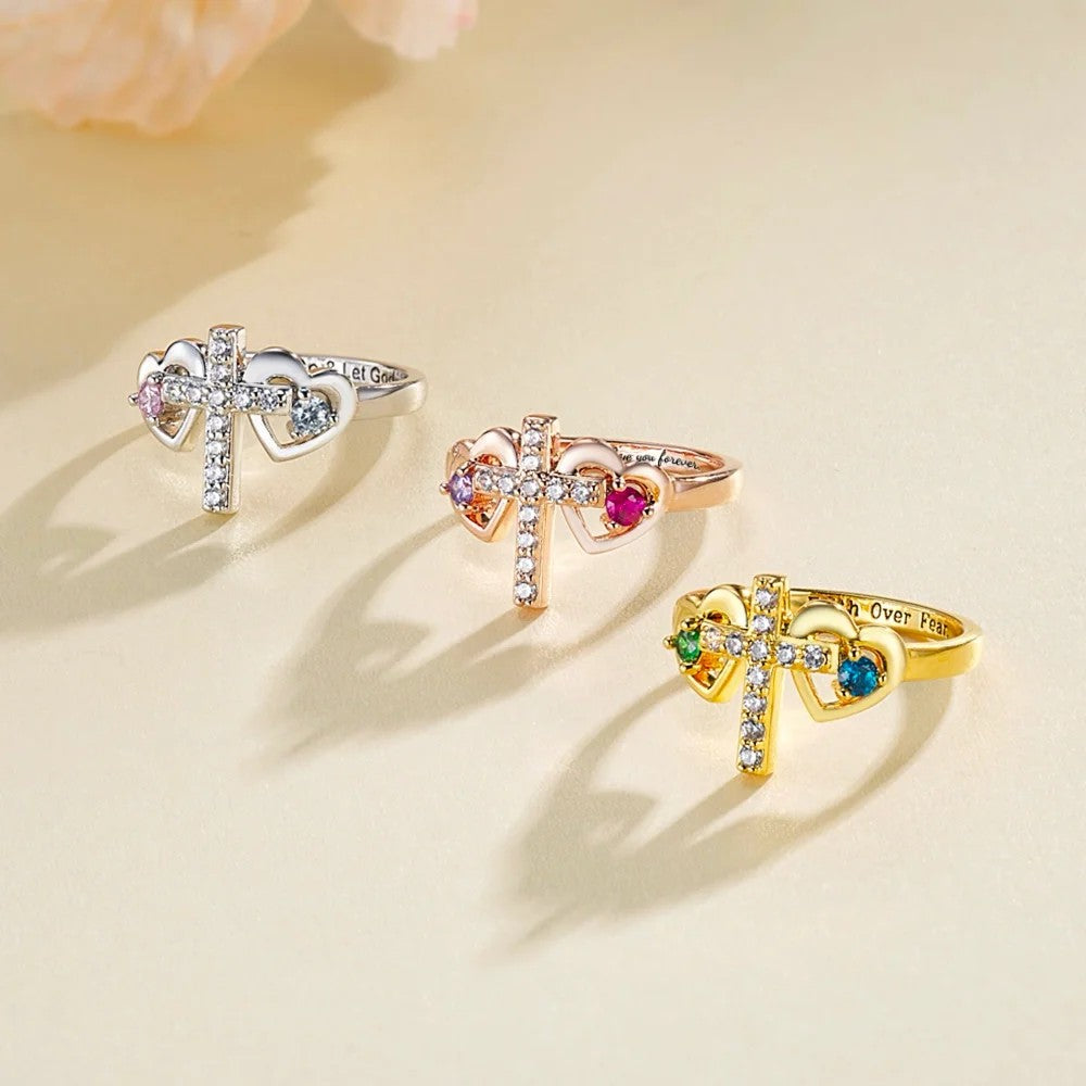 Personalized Double Birthstone Hearts Cross Ring