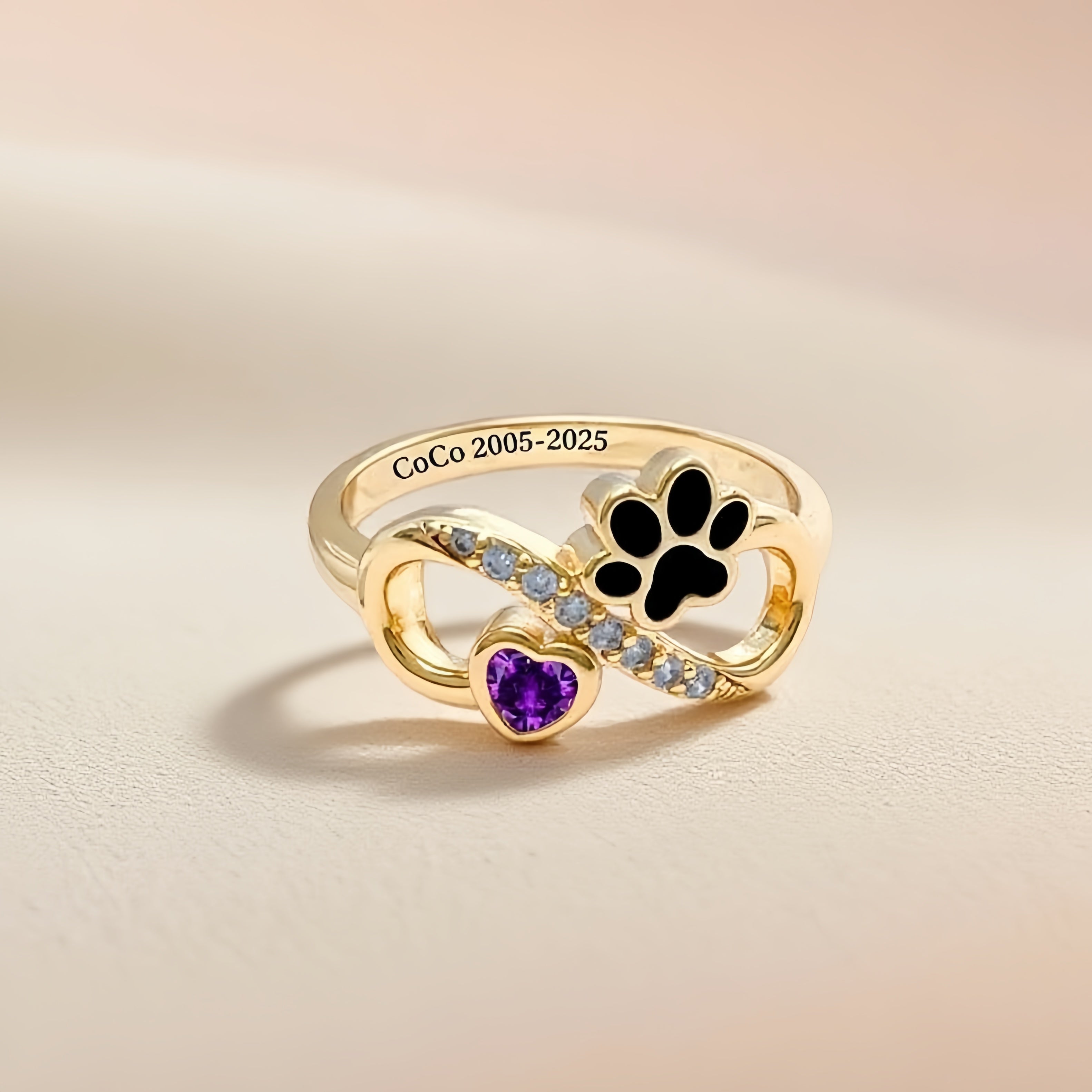 Pet Cat Paw , Heart-shaped Birthstone Ring