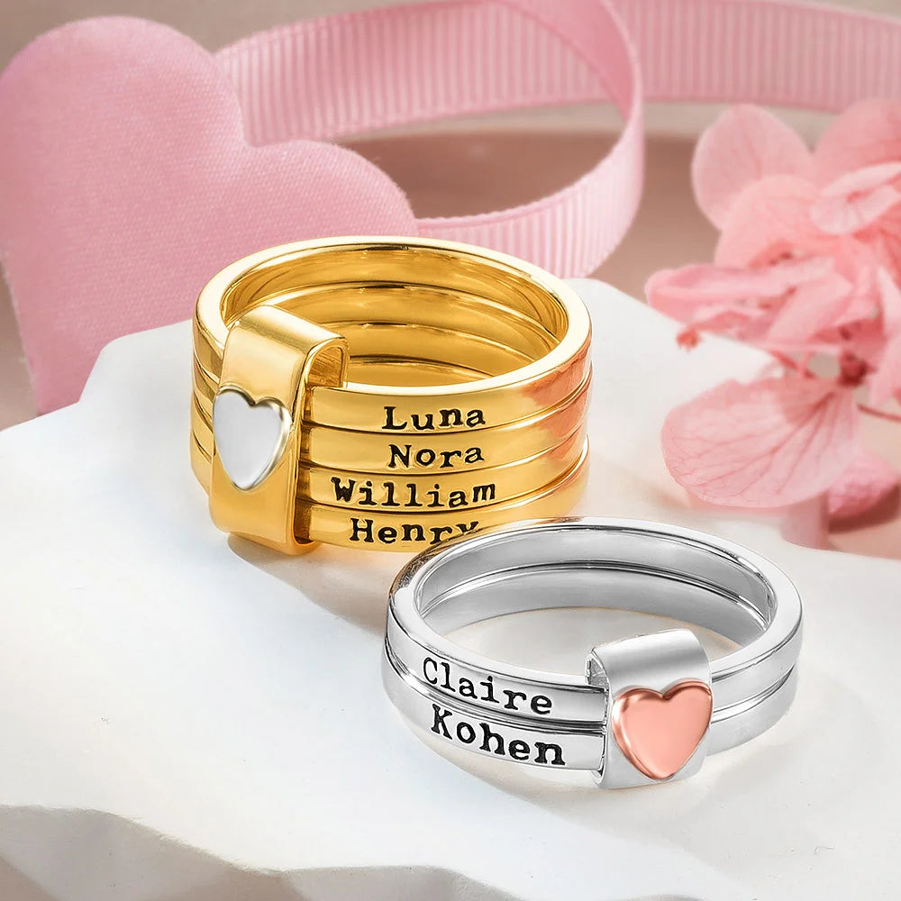 Personalized Heart  Stacking Rings with Engraved Names