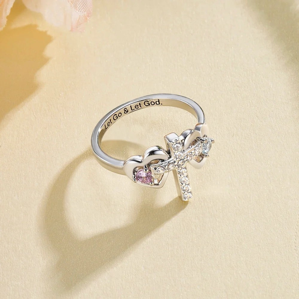 Personalized Double Birthstone Hearts Cross Ring