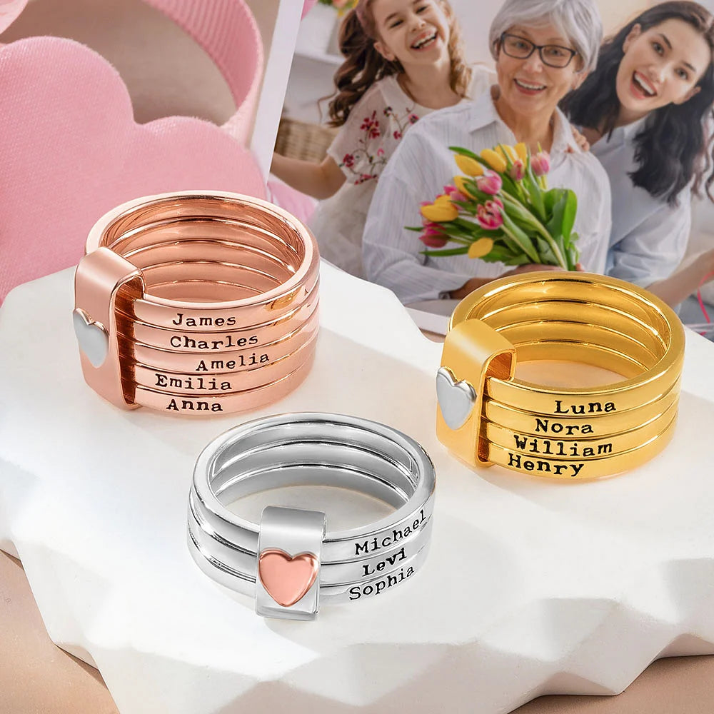 Personalized Heart  Stacking Rings with Engraved Names