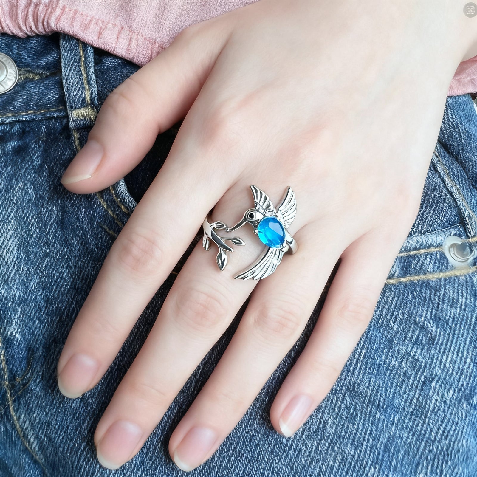 Hummingbird Leaf  Birthstone  Ring