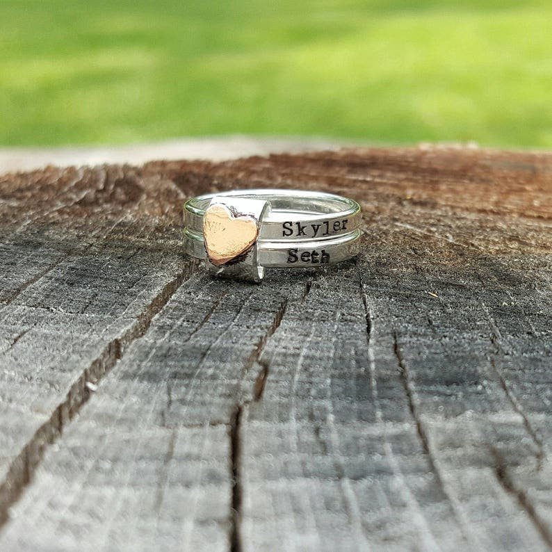 Personalized Heart  Stacking Rings with Engraved Names