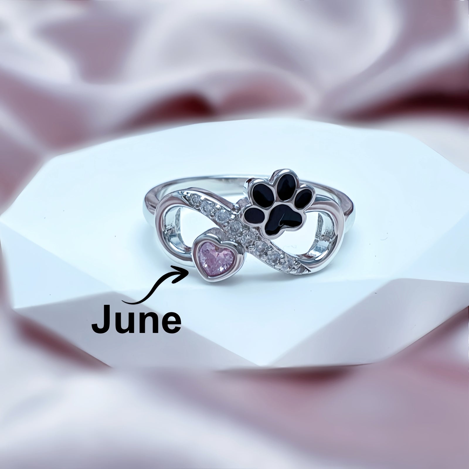 Cat Paw Heart Birthstone Ring