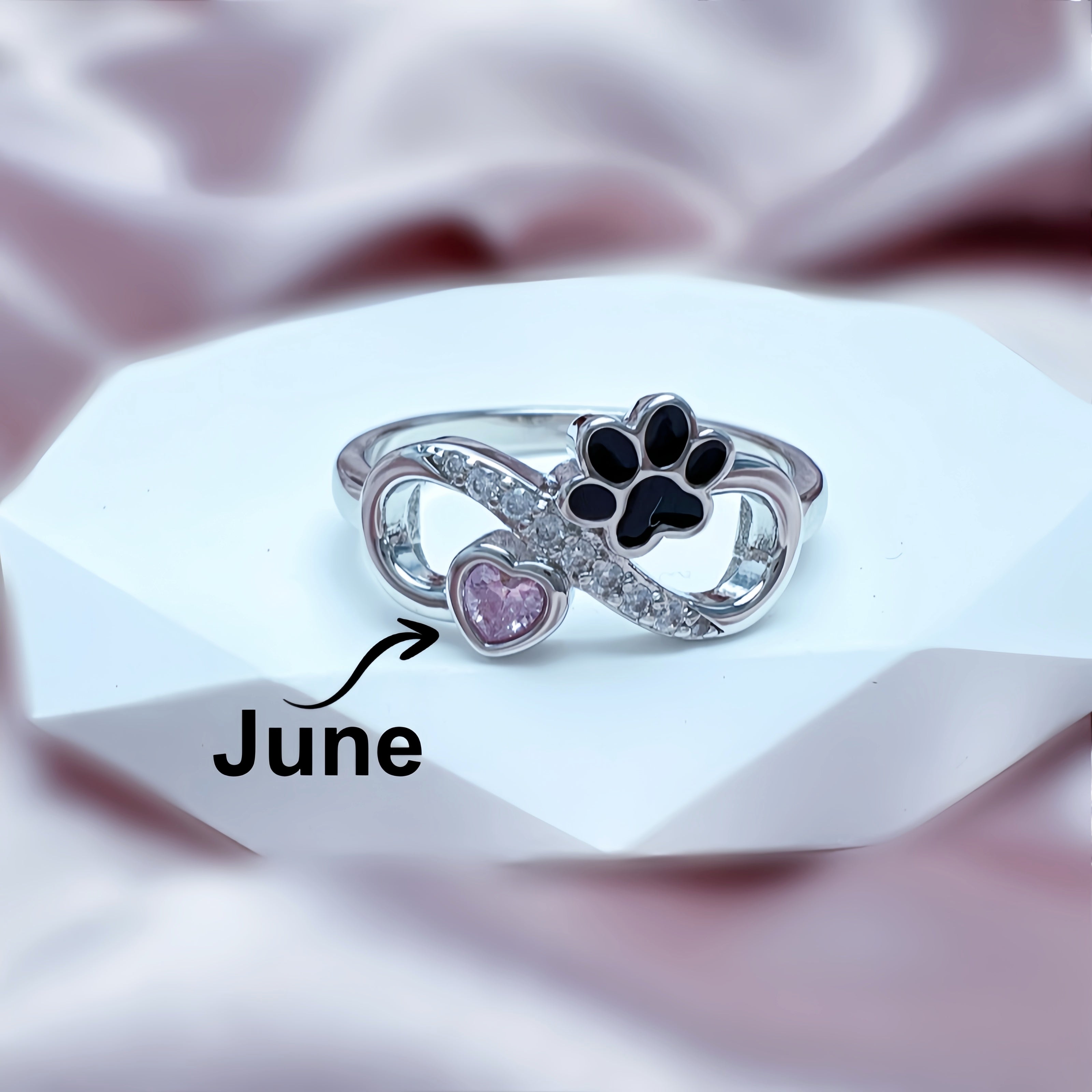Pet Cat Paw , Heart-shaped Birthstone Ring