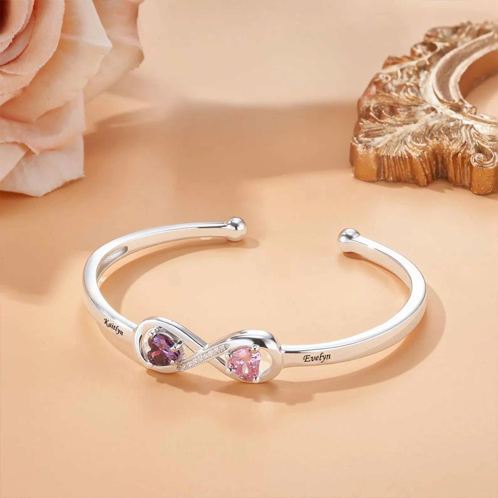 Double Heart Birthstone Bracelet